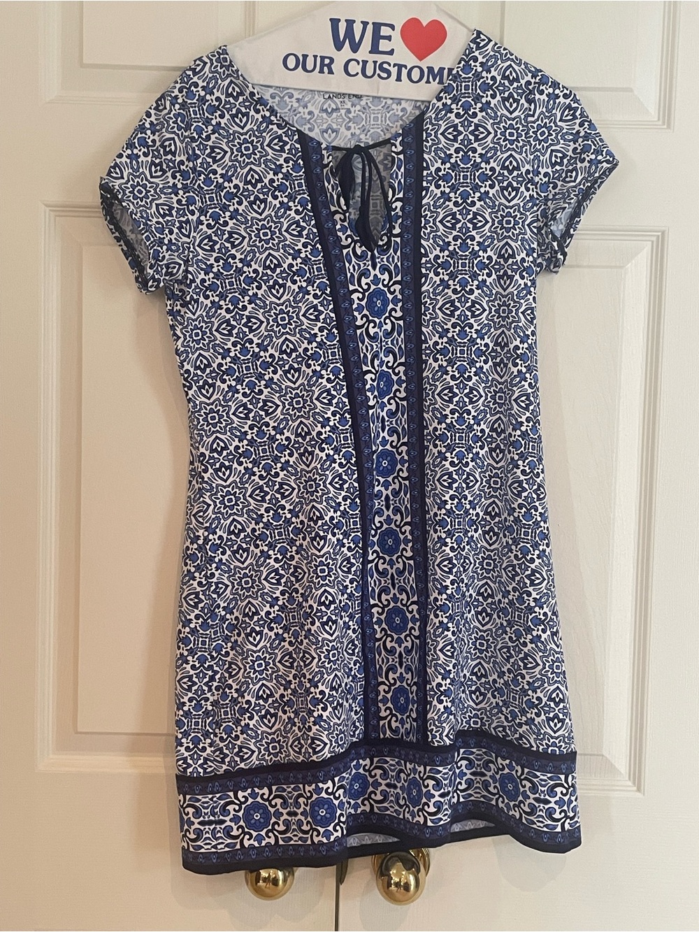 Lands' End Blue and White Printed Tie-Neck Swim Coverup